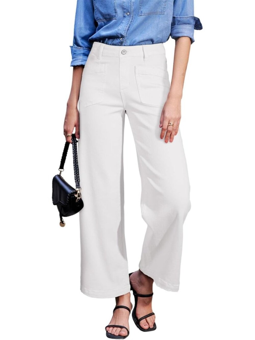 Women's Cream White Wide Leg Jean High Waisted Stretchy Stylish Ankle Denim Pant
